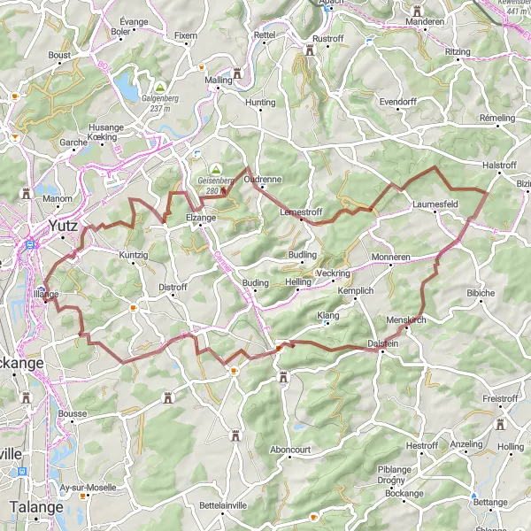 Map miniature of "Gravel Adventure in the Forests" cycling inspiration in Lorraine, France. Generated by Tarmacs.app cycling route planner