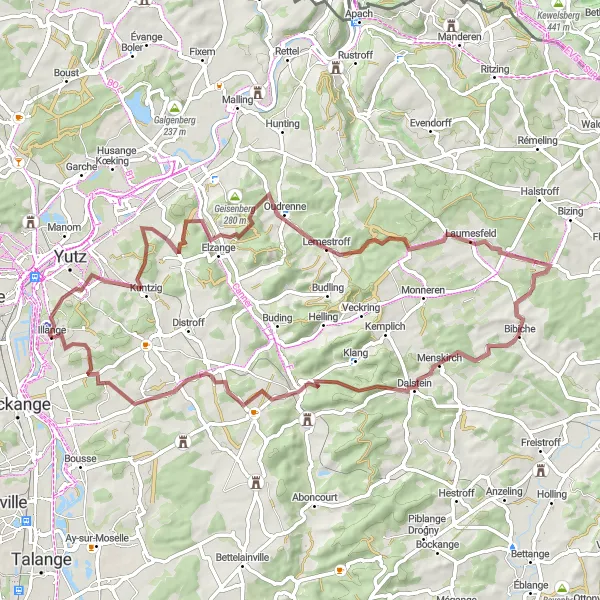 Map miniature of "Valmestroff Gravel Adventure" cycling inspiration in Lorraine, France. Generated by Tarmacs.app cycling route planner