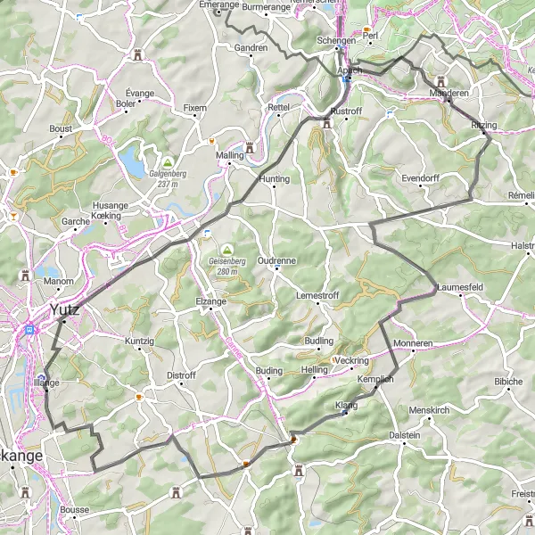 Miniature de la carte de l'inspiration cycliste "Les villages de la Moselle" dans la Lorraine, France. Générée par le planificateur d'itinéraire cycliste Tarmacs.app