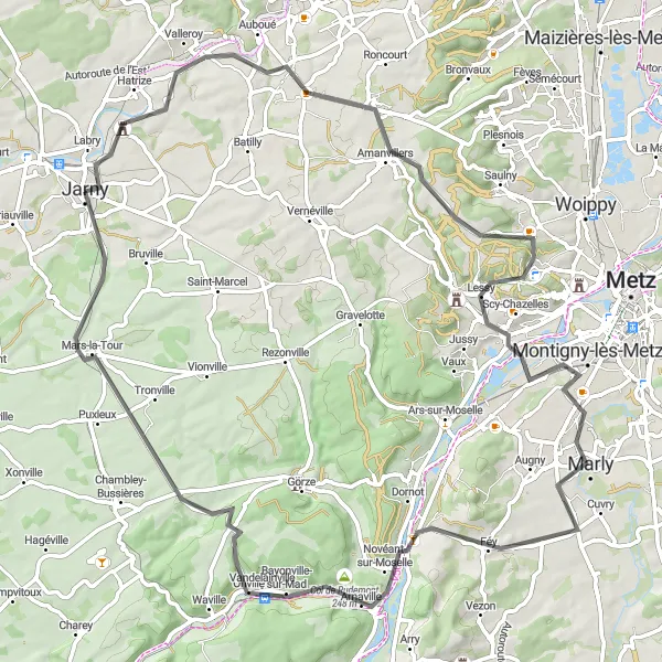 Map miniature of "Road Cycling Tour with Scenic Views" cycling inspiration in Lorraine, France. Generated by Tarmacs.app cycling route planner