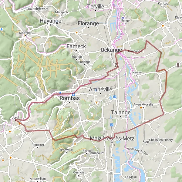 Map miniature of "Moyeuvre-Grande to Montois-la-Montagne Gravel Cycling Route" cycling inspiration in Lorraine, France. Generated by Tarmacs.app cycling route planner