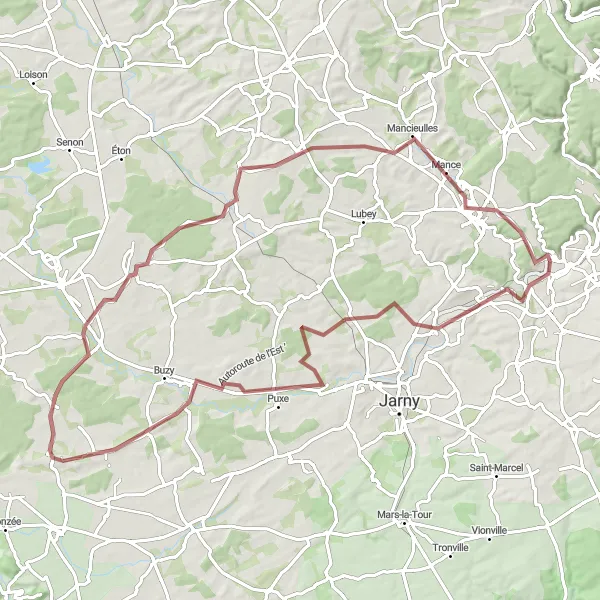 Map miniature of "Gravel Adventure near Jœuf - Abbéville-lès-Conflans to Briey" cycling inspiration in Lorraine, France. Generated by Tarmacs.app cycling route planner