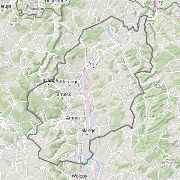 Miniature de la carte de l'inspiration cycliste "Le tour des Vallées" dans la Lorraine, France. Générée par le planificateur d'itinéraire cycliste Tarmacs.app