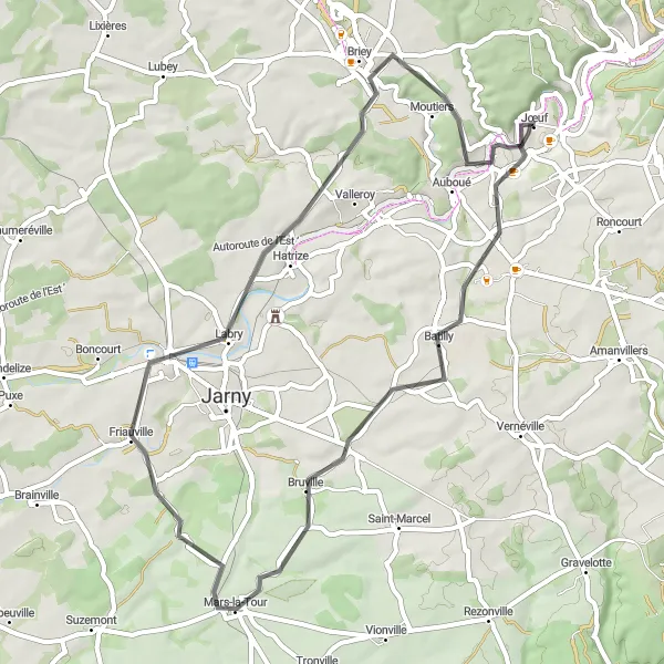 Map miniature of "Cycling Route near Jœuf - Sainte-Marie-aux-Chênes" cycling inspiration in Lorraine, France. Generated by Tarmacs.app cycling route planner