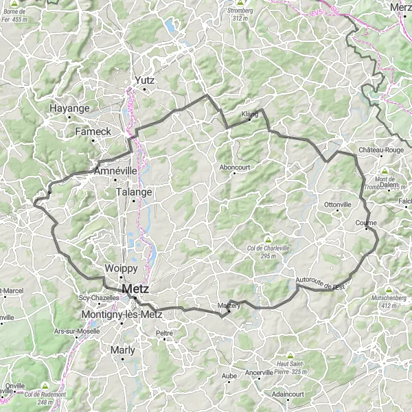 Miniature de la carte de l'inspiration cycliste "Boucle des Cités Mosellanes" dans la Lorraine, France. Générée par le planificateur d'itinéraire cycliste Tarmacs.app
