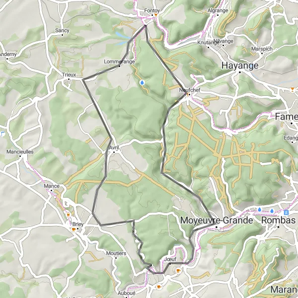 Map miniature of "Scenic Road Cycling near Jœuf - Homécourt to Moyeuvre-Grande" cycling inspiration in Lorraine, France. Generated by Tarmacs.app cycling route planner