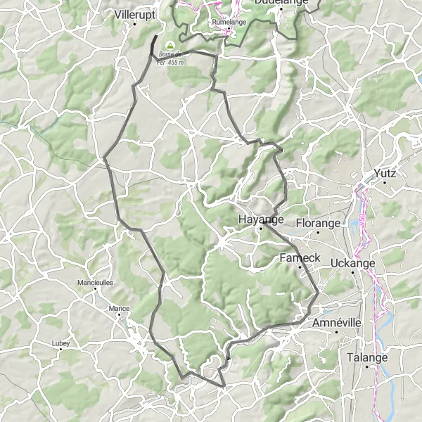 Miniature de la carte de l'inspiration cycliste "Parcours des Forts de la Vallée de l'Orne" dans la Lorraine, France. Générée par le planificateur d'itinéraire cycliste Tarmacs.app