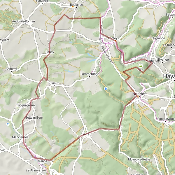 Map miniature of "Discover Knutange and Its Surroundings" cycling inspiration in Lorraine, France. Generated by Tarmacs.app cycling route planner
