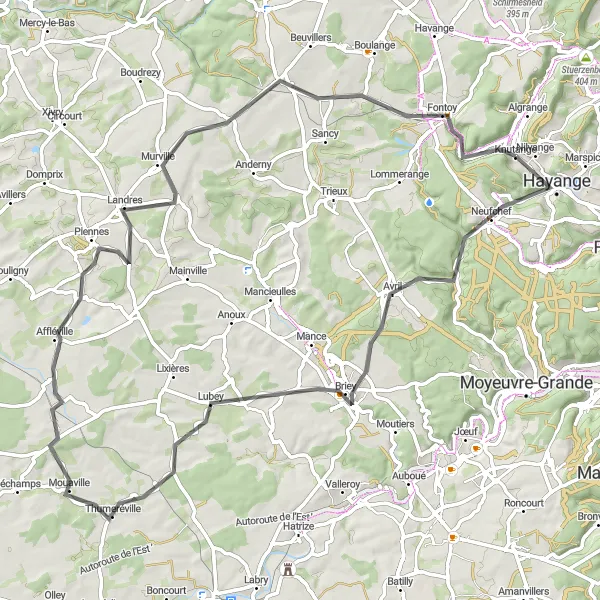 Miniature de la carte de l'inspiration cycliste "Les collines de Lorraine" dans la Lorraine, France. Générée par le planificateur d'itinéraire cycliste Tarmacs.app