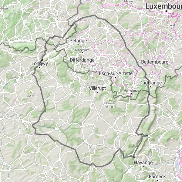 Map miniature of "Historic Villages Cruise" cycling inspiration in Lorraine, France. Generated by Tarmacs.app cycling route planner