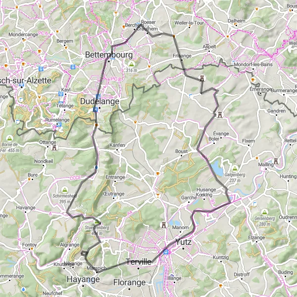 Map miniature of "Road Cycling Tour from Knutange to Marspich via Rodemack" cycling inspiration in Lorraine, France. Generated by Tarmacs.app cycling route planner