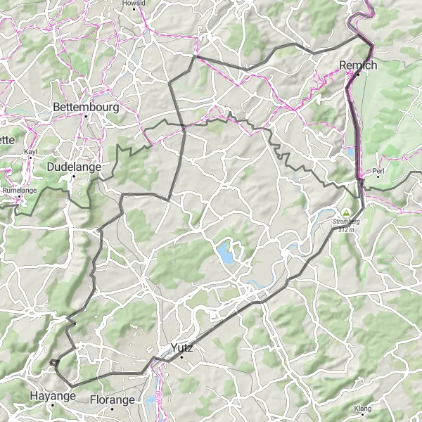 Miniature de la carte de l'inspiration cycliste "Boucle à Thionville et Apach" dans la Lorraine, France. Générée par le planificateur d'itinéraire cycliste Tarmacs.app