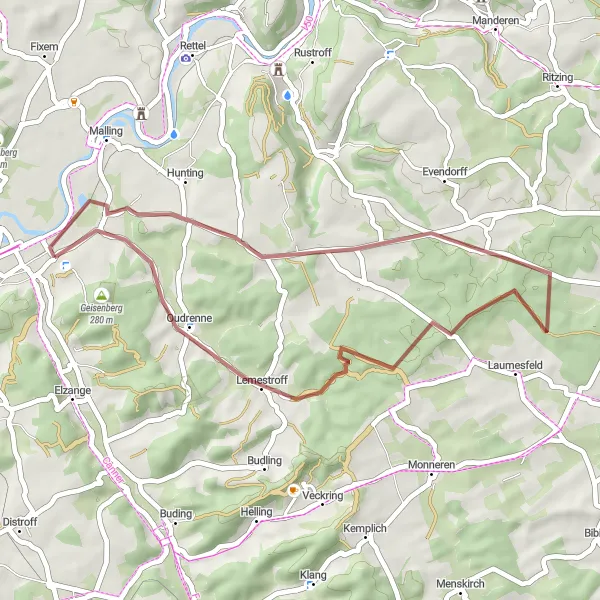 Map miniature of "Gravel Loop to Kirschnaumen" cycling inspiration in Lorraine, France. Generated by Tarmacs.app cycling route planner