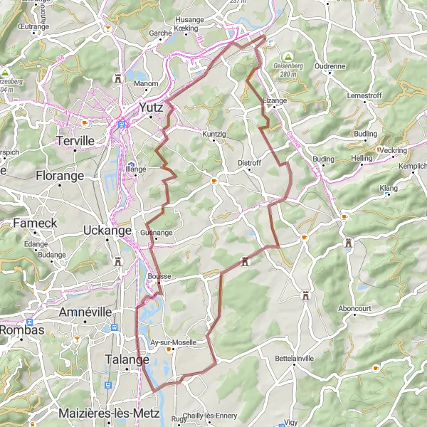 Map miniature of "Gravel Adventure to Basse-Ham" cycling inspiration in Lorraine, France. Generated by Tarmacs.app cycling route planner