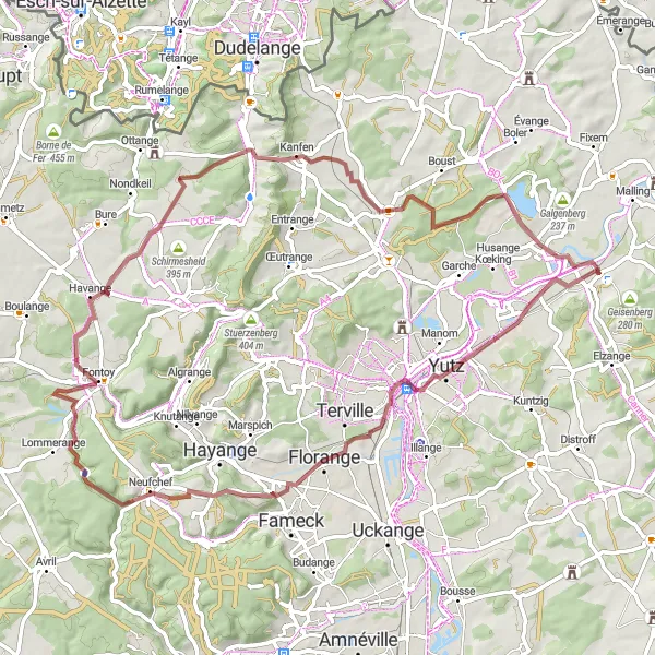 Map miniature of "Scenic Gravel Route to Volmerange-les-Mines" cycling inspiration in Lorraine, France. Generated by Tarmacs.app cycling route planner