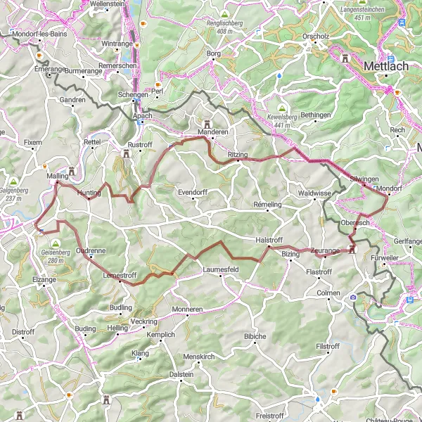 Map miniature of "Montenach Gravel Loop" cycling inspiration in Lorraine, France. Generated by Tarmacs.app cycling route planner