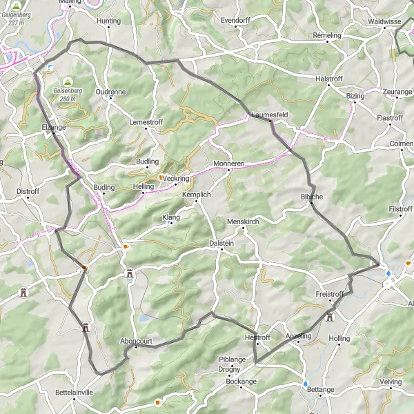 Map miniature of "Hilly Road Loop through Metzeresche" cycling inspiration in Lorraine, France. Generated by Tarmacs.app cycling route planner