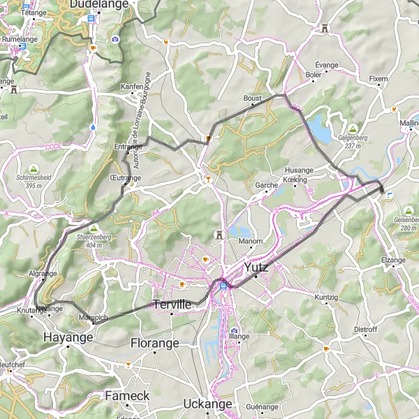 Map miniature of "Scenic Road Ride to Œutrange" cycling inspiration in Lorraine, France. Generated by Tarmacs.app cycling route planner