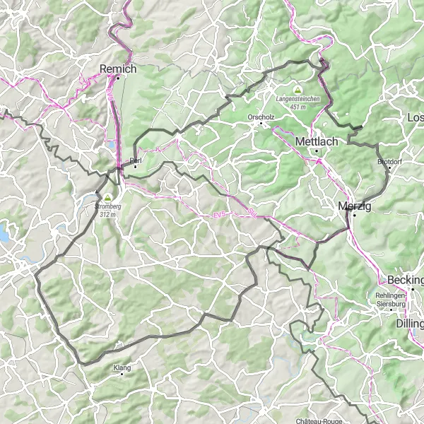 Miniature de la carte de l'inspiration cycliste "Parcours Vélo de route panoramique autour de Kœnigsmacker" dans la Lorraine, France. Générée par le planificateur d'itinéraire cycliste Tarmacs.app
