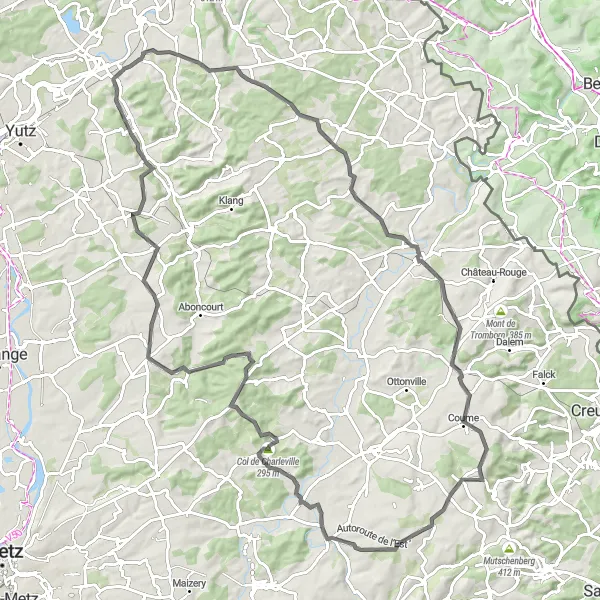 Map miniature of "Hillside Delights" cycling inspiration in Lorraine, France. Generated by Tarmacs.app cycling route planner