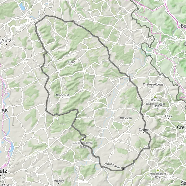 Miniature de la carte de l'inspiration cycliste "Parcours Vélo de route à partir de Kœnigsmacker" dans la Lorraine, France. Générée par le planificateur d'itinéraire cycliste Tarmacs.app