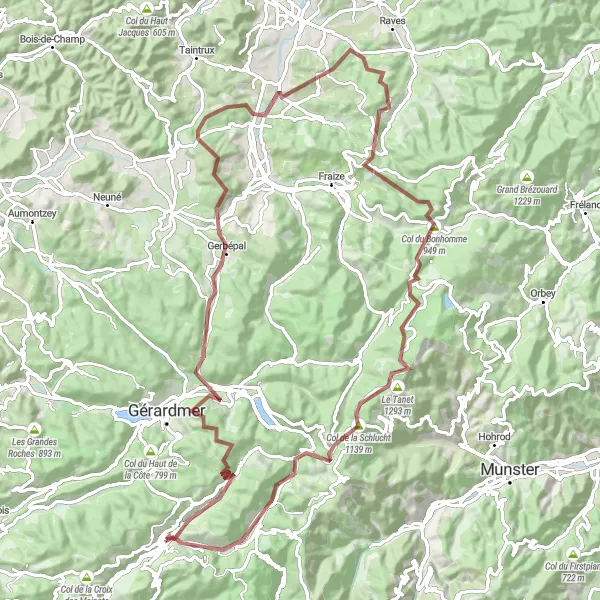 Miniature de la carte de l'inspiration cycliste "Parcours Gravel de La Bresse" dans la Lorraine, France. Générée par le planificateur d'itinéraire cycliste Tarmacs.app