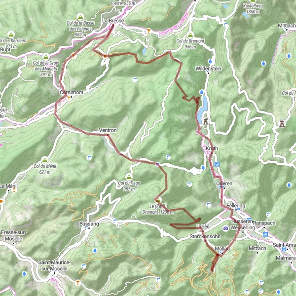 Miniature de la carte de l'inspiration cycliste "Parcours à travers les Vosges" dans la Lorraine, France. Générée par le planificateur d'itinéraire cycliste Tarmacs.app