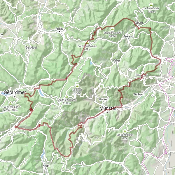 Miniature de la carte de l'inspiration cycliste "La Bresse - Tête de Grouvelin - Xonrupt-Longemer - Le Valtin - Col du Bonhomme - Hirzberg - Aubure - Ammerschwihr - Galtz - Le Grand Hohnack - Gunsbach - Metzeral - Col du Platzerwasel - Rainkopf - La Bresse" dans la Lorraine, France. Générée par le planificateur d'itinéraire cycliste Tarmacs.app