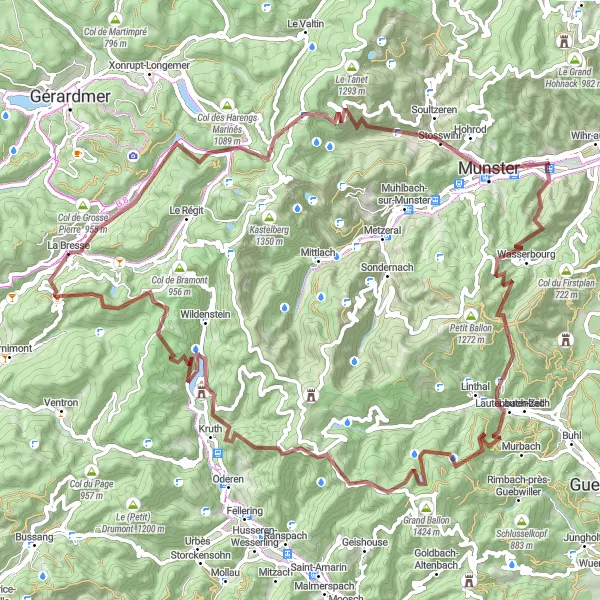 Miniature de la carte de l'inspiration cycliste "Le Tour des Vallées Vosgiennes" dans la Lorraine, France. Générée par le planificateur d'itinéraire cycliste Tarmacs.app