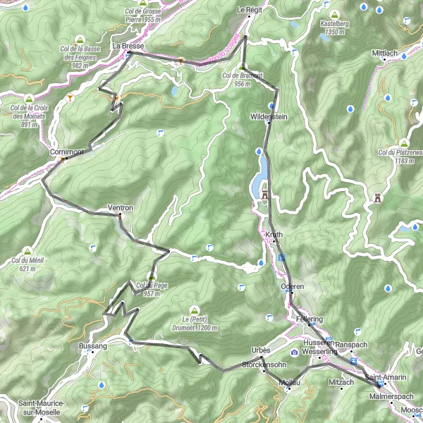 Miniature de la carte de l'inspiration cycliste "La Bresse - Col de Bramont - Cascade du Heidenbad - Oderen - Col de Bussang - Ventron - Col du Brabant - La Bresse" dans la Lorraine, France. Générée par le planificateur d'itinéraire cycliste Tarmacs.app