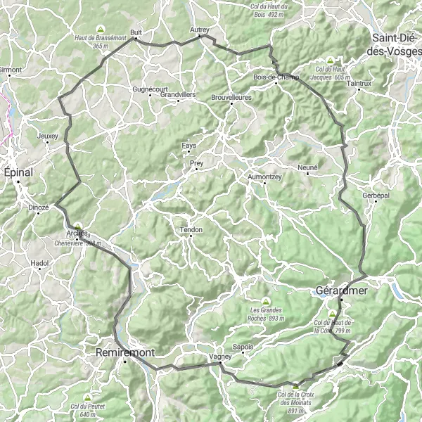 Miniature de la carte de l'inspiration cycliste "Parcours Route des Hautes-Vosges" dans la Lorraine, France. Générée par le planificateur d'itinéraire cycliste Tarmacs.app