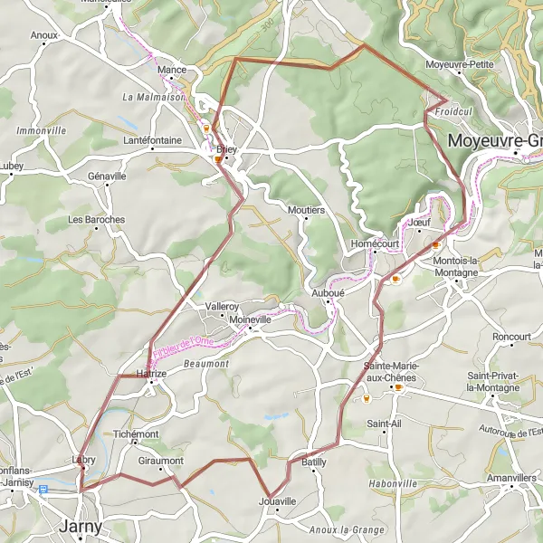 Miniature de la carte de l'inspiration cycliste "Boucle de Briey à Jarny via Jœuf" dans la Lorraine, France. Générée par le planificateur d'itinéraire cycliste Tarmacs.app