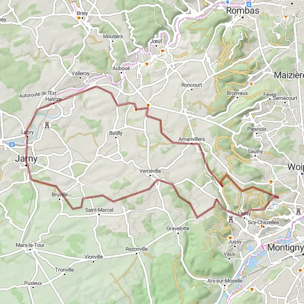 Miniature de la carte de l'inspiration cycliste "Parcours gravel autour de Labry et du Mont Saint-Quentin" dans la Lorraine, France. Générée par le planificateur d'itinéraire cycliste Tarmacs.app