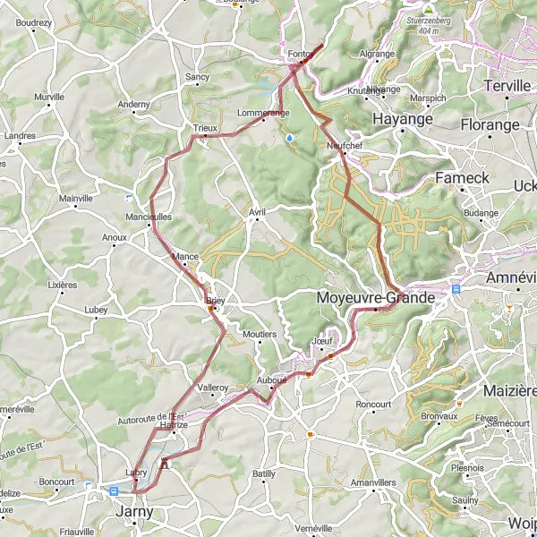 Miniature de la carte de l'inspiration cycliste "Tour de Briey à Labry par Fontoy" dans la Lorraine, France. Générée par le planificateur d'itinéraire cycliste Tarmacs.app