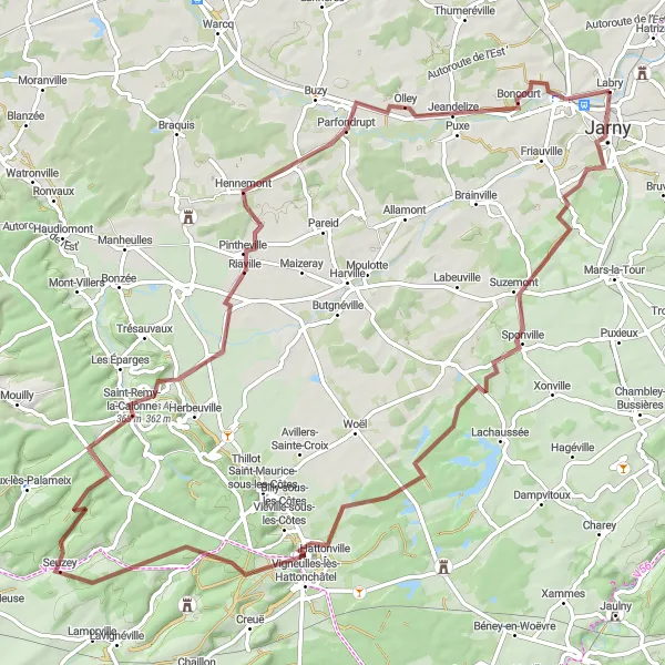 Miniature de la carte de l'inspiration cycliste "Boucle de Jarny à Labry via Sponville" dans la Lorraine, France. Générée par le planificateur d'itinéraire cycliste Tarmacs.app