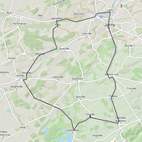 Miniature de la carte de l'inspiration cycliste "Tour à vélo entre Jarny et Conflans-en-Jarnisy" dans la Lorraine, France. Générée par le planificateur d'itinéraire cycliste Tarmacs.app