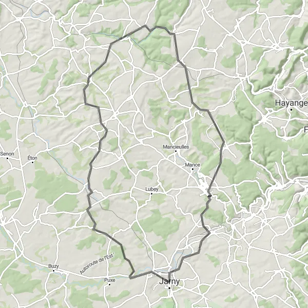 Miniature de la carte de l'inspiration cycliste "Route de Conflans-en-Jarnisy à Labry" dans la Lorraine, France. Générée par le planificateur d'itinéraire cycliste Tarmacs.app