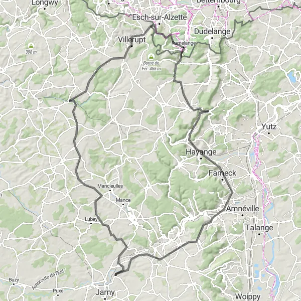 Miniature de la carte de l'inspiration cycliste "Boucle à vélo de Labry à Audun-le-Tiche" dans la Lorraine, France. Générée par le planificateur d'itinéraire cycliste Tarmacs.app