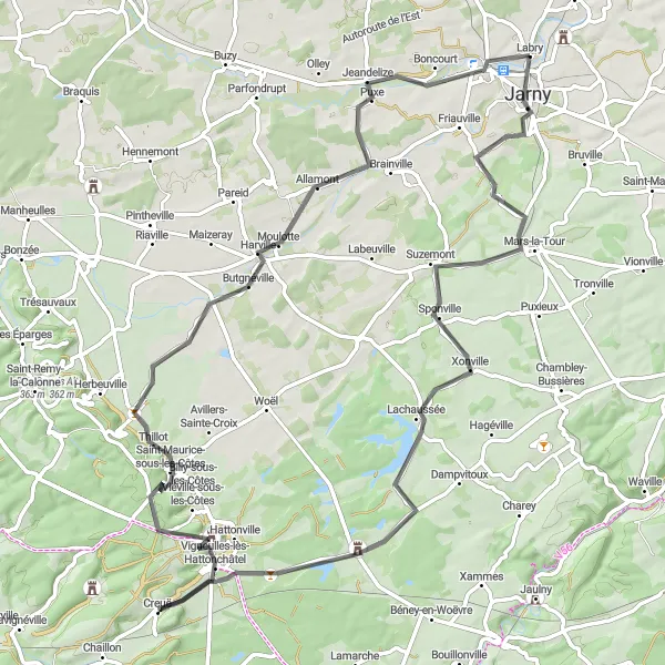 Miniature de la carte de l'inspiration cycliste "Itinéraire de Jarny à Conflans-en-Jarnisy" dans la Lorraine, France. Générée par le planificateur d'itinéraire cycliste Tarmacs.app