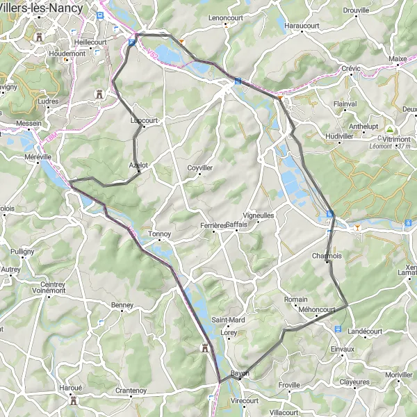 Map miniature of "Nancy - Charmes Loop" cycling inspiration in Lorraine, France. Generated by Tarmacs.app cycling route planner