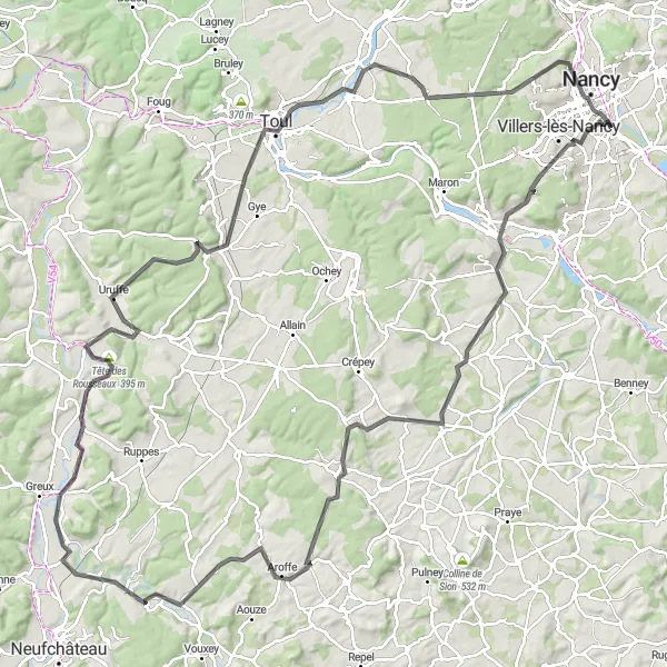 Map miniature of "The Moselle Valley Loop" cycling inspiration in Lorraine, France. Generated by Tarmacs.app cycling route planner