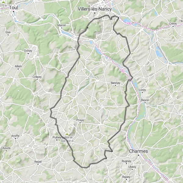 Map miniature of "Nancy - Pont-Saint-Vincent Loop" cycling inspiration in Lorraine, France. Generated by Tarmacs.app cycling route planner