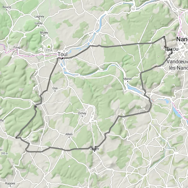 Map miniature of "Laxou - Bainville-sur-Madon - Barisey-au-Plain - Mont-le-Vignoble - Toul" cycling inspiration in Lorraine, France. Generated by Tarmacs.app cycling route planner