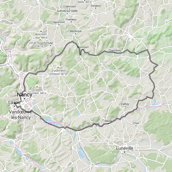 Map miniature of "Laxou - Bouxières-aux-Chênes - Bioncourt - Xanrey - Bathelémont - Dombasle-sur-Meurthe - Laneuveville-devant-Nancy - Villers-lès-Nancy" cycling inspiration in Lorraine, France. Generated by Tarmacs.app cycling route planner
