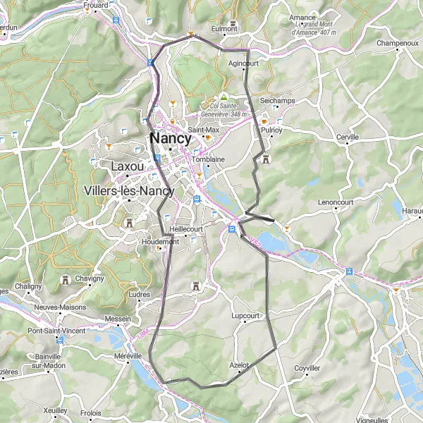 Map miniature of "Eulmont and the Surrounding Villages" cycling inspiration in Lorraine, France. Generated by Tarmacs.app cycling route planner