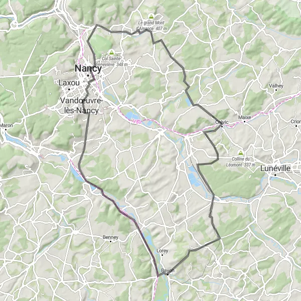 Map miniature of "Scenic Road Cycling through Buissoncourt and Crévéchamps" cycling inspiration in Lorraine, France. Generated by Tarmacs.app cycling route planner