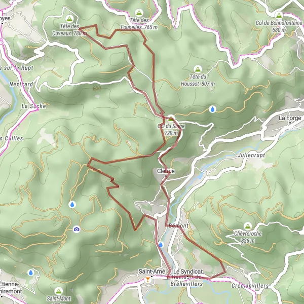 Miniature de la carte de l'inspiration cycliste "Parcours court de 28 km en gravel à la découverte des trésors cachés des Vosges" dans la Lorraine, France. Générée par le planificateur d'itinéraire cycliste Tarmacs.app