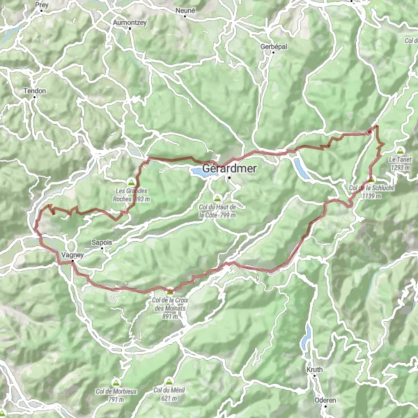 Miniature de la carte de l'inspiration cycliste "Boucle de 79 km en gravel entre montagnes et lacs des Vosges" dans la Lorraine, France. Générée par le planificateur d'itinéraire cycliste Tarmacs.app