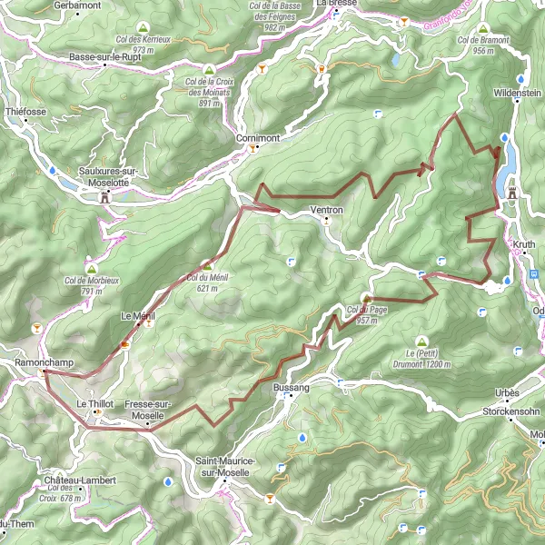Miniature de la carte de l'inspiration cycliste "Tour des Vosges sauvages en Gravel" dans la Lorraine, France. Générée par le planificateur d'itinéraire cycliste Tarmacs.app