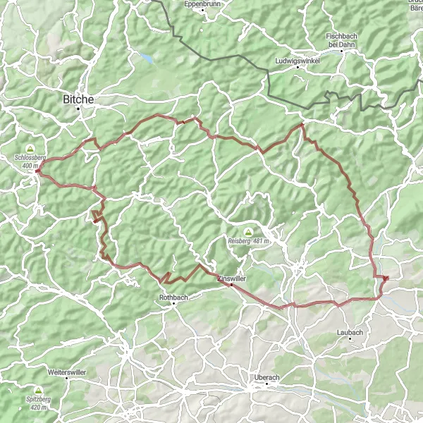 Map miniature of "Kreuzberg and the Château de Wittschloessel" cycling inspiration in Lorraine, France. Generated by Tarmacs.app cycling route planner